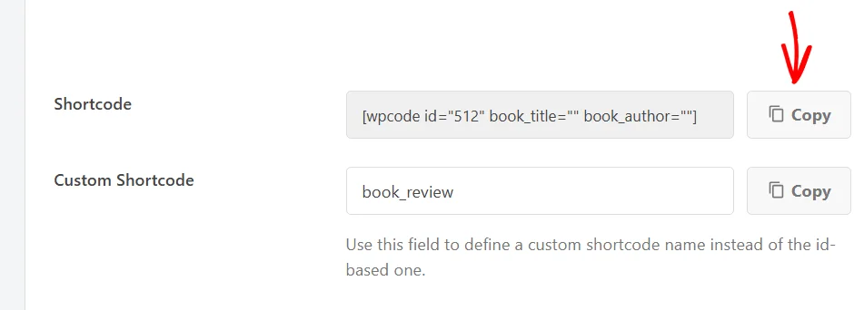The Shortcode field reading wpcode id 512 with empty book_title and book_author attributes, and a red arrow pointing at the Copy button