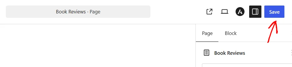 The top of the WordPress page editor for a page called Book Reviews, with a red arrow pointing at the Save button