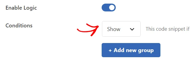 An arrow pointing at the Show dropdown beside the text This code snippet if