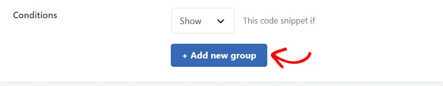 An arrow pointing at the + Add new group button below the Show dropdown