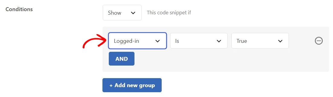 An arrow pointing at the Logged-in rule type field in a new rule group