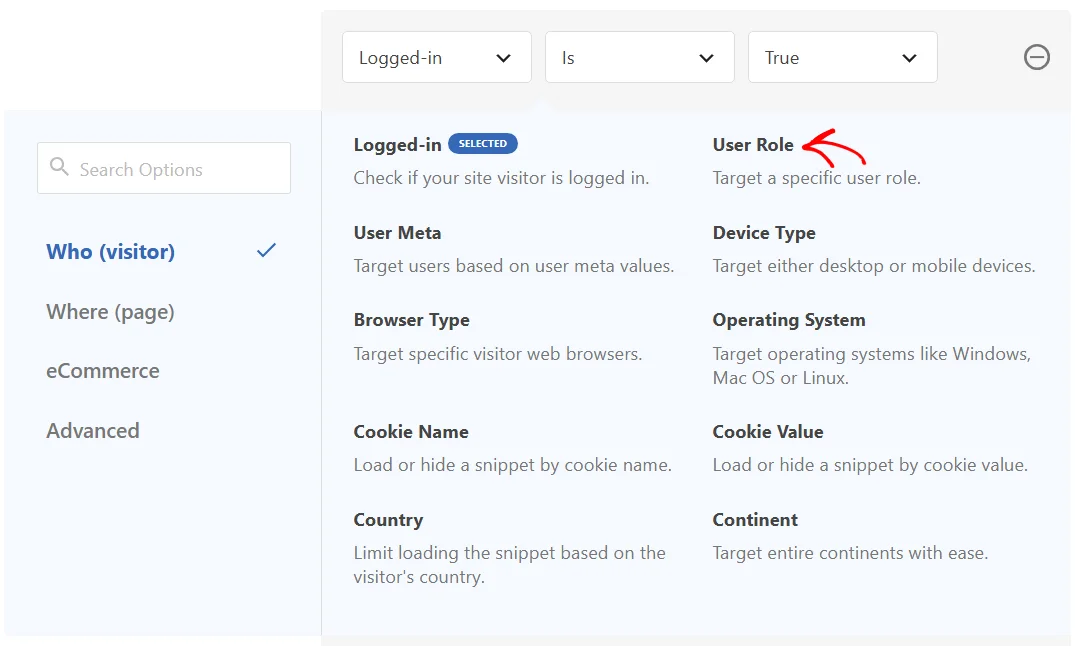 The rule picker open on the Who (visitor) category with an arrow pointing at User Role