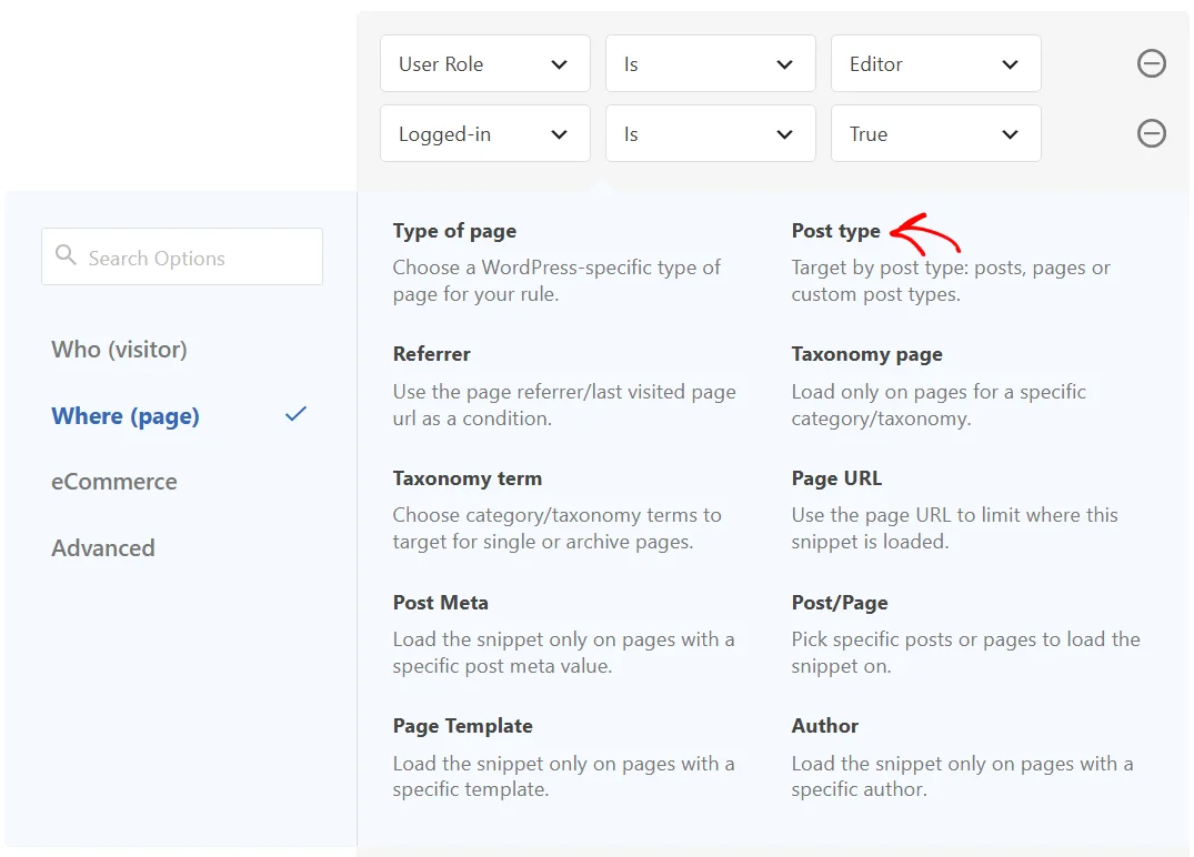 The rule picker open on the Where (page) category with an arrow pointing at Post type