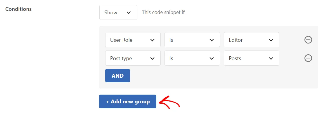 The completed first rule group with an arrow pointing at the + Add new group button below it