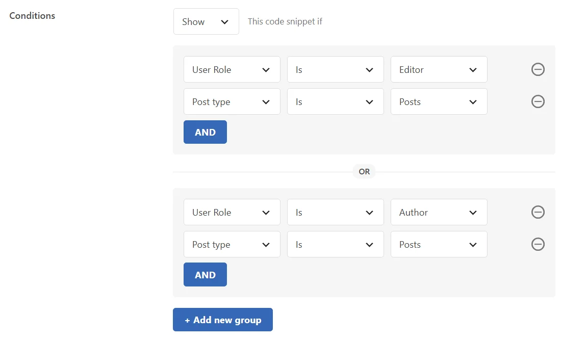 Two rule groups separated by an OR divider, one for the Editor role and one for the Author role, each limited to Posts