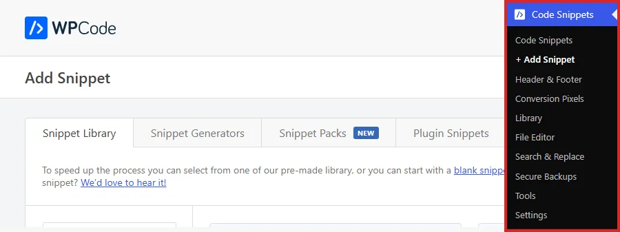 Opening the Add Snippet screen from the Code Snippets menu in the WordPress admin sidebar