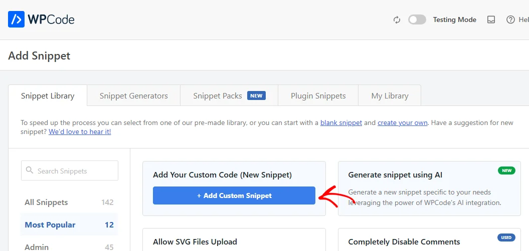 An arrow pointing at the + Add Custom Snippet button on the Add Your Custom Code card, revealed on hover