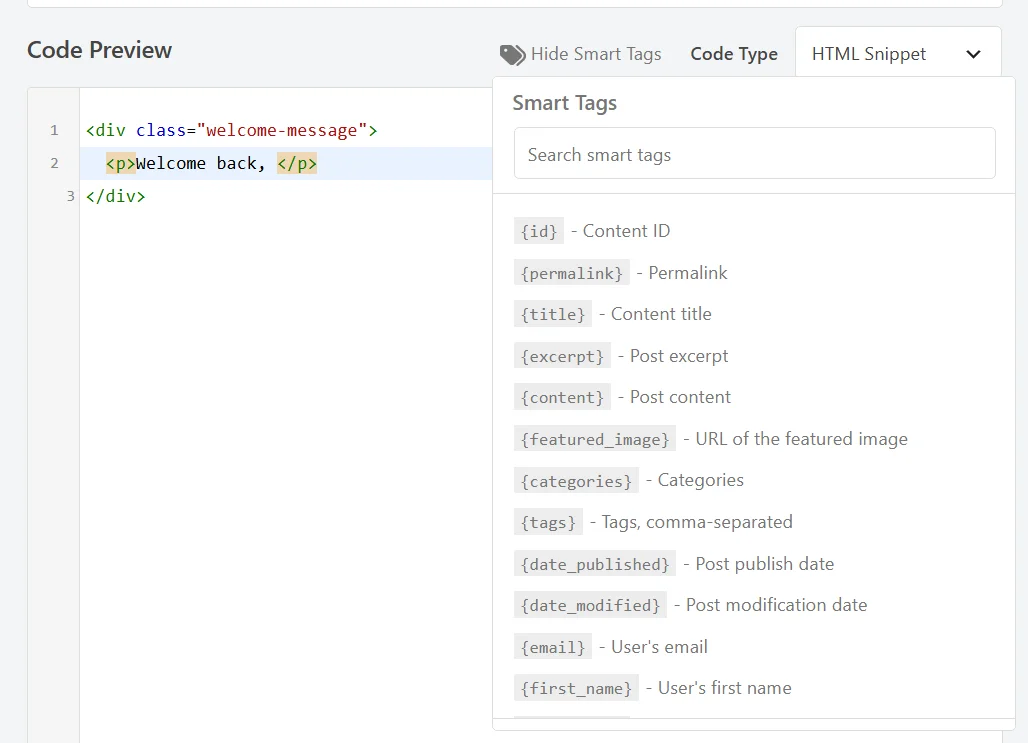 The smart tag picker open beside the code editor, listing tags such as id, permalink, title, and first_name with their descriptions
