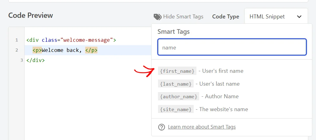 An arrow pointing at the first_name tag in the smart tag picker, filtered by the search term name