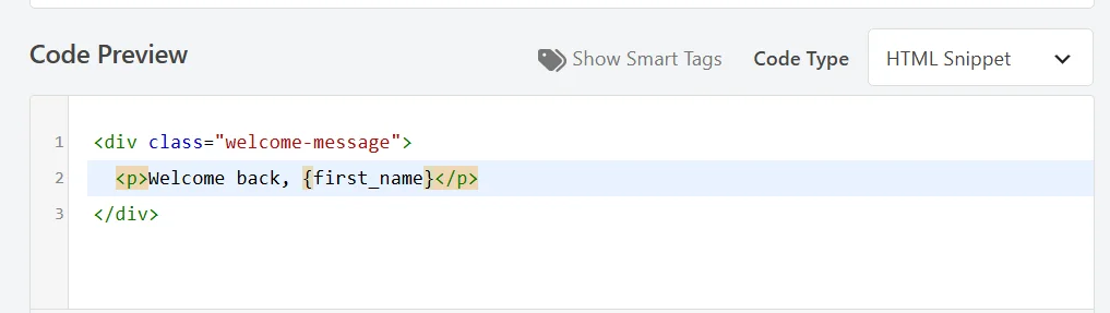 The first_name smart tag inserted inside a paragraph tag in the WPCode code editor