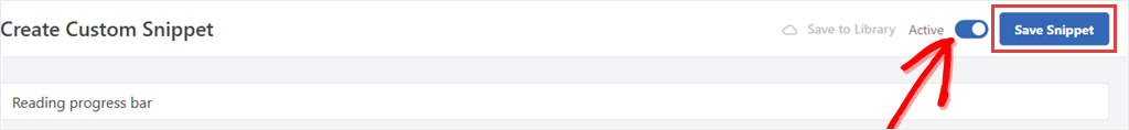 The WPCode snippet toggle switched to Active next to the Save Snippet button