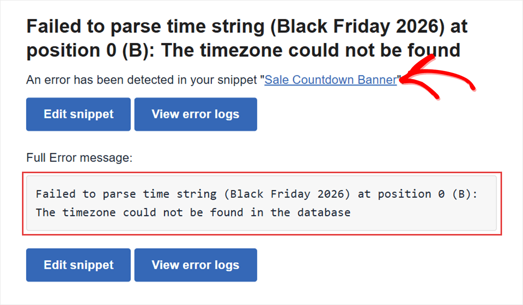 A WPCode error email for the Sale Countdown Banner snippet, showing the PHP error as the heading, Edit snippet and View error logs buttons, and the full error message in a grey box