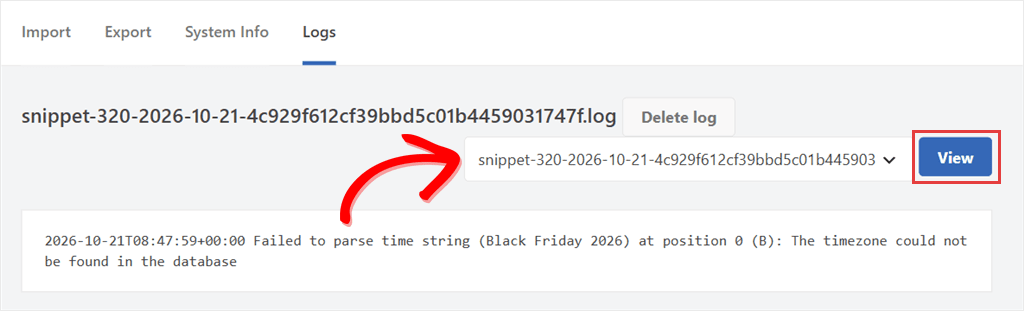 The WPCode Logs page with a snippet's log selected in the dropdown, the View button, and the logged error message for the Sale Countdown Banner date