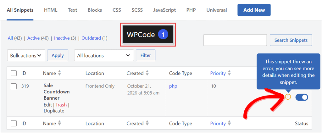 The WPCode snippets list showing the Sale Countdown Banner snippet still switched on with an error icon and tooltip, and the WPCode toolbar menu showing an error count of 1 Without email alerts, these are the only signs: a count on the WPCode toolbar menu and an error icon beside a snippet that's still switched on.