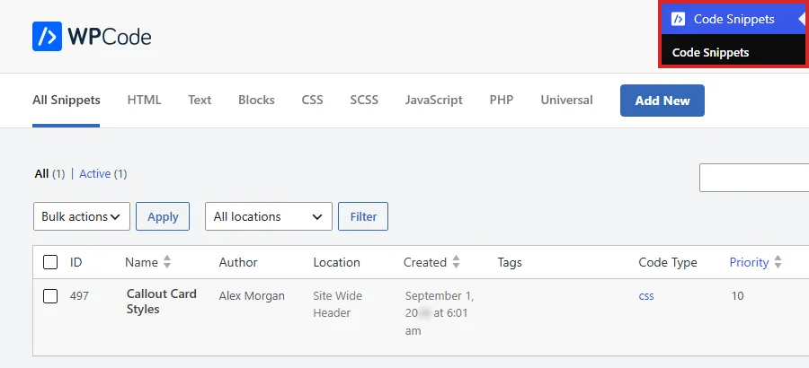 The Code Snippets page in WordPress, with the WPCode menu open in the sidebar, the code type filter links above the list, and a CSS snippet listed with its ID