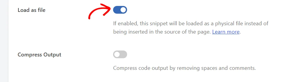 The Load as file toggle switched on in the Insertion section of the WPCode snippet editor