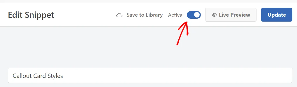 The WPCode snippet editor header with the snippet status toggle set to Active
