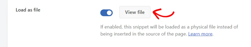 The View file button next to the Load as file toggle in the WPCode snippet editor
