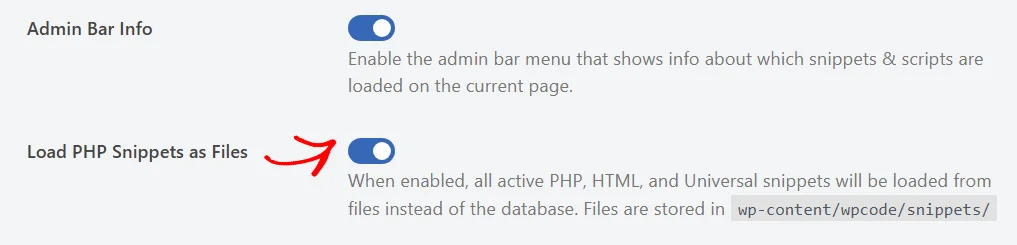 The Load PHP Snippets as Files toggle switched on in WPCode General Settings, with the storage folder named in the description