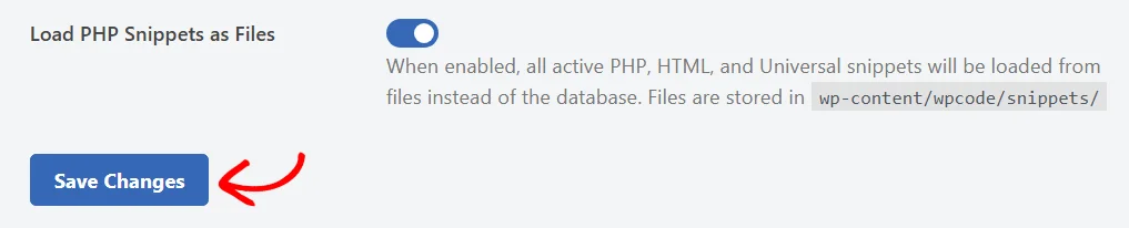 The Save Changes button at the bottom of the WPCode General Settings panel