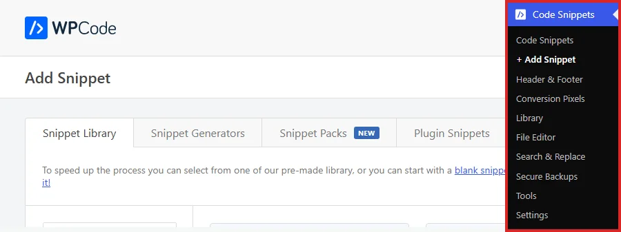 Opening the Add Snippet screen from the Code Snippets menu in the WordPress admin sidebar