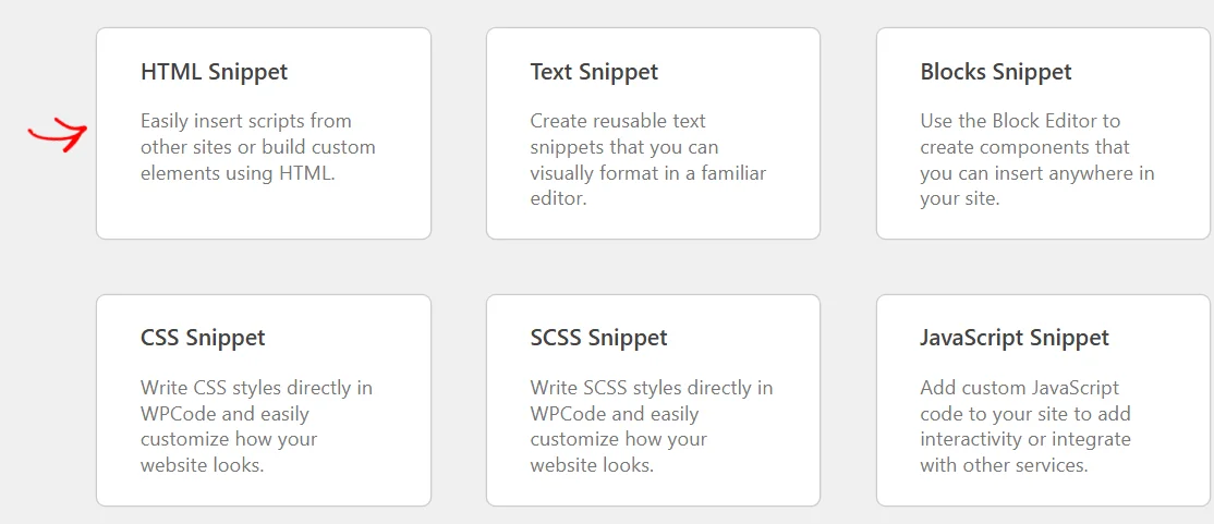 An arrow pointing at the HTML Snippet card in the snippet type picker, beside the Text Snippet, Blocks Snippet, CSS Snippet, SCSS Snippet, and JavaScript Snippet cards