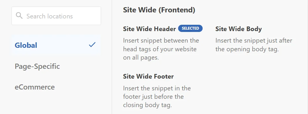 The location picker open, showing the Search locations box and the Global, Page-Specific, and eCommerce categories beside the Site Wide Header, Site Wide Body, and Site Wide Footer locations