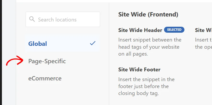 An arrow pointing at Page-Specific in the location picker's category rail, below the highlighted Global category