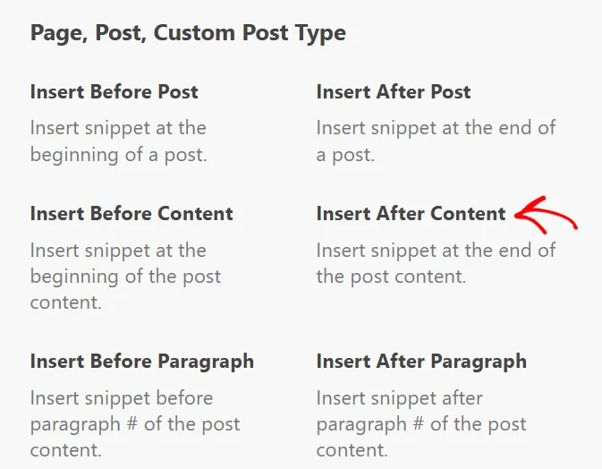 An arrow pointing at Insert After Content in the Page, Post, Custom Post Type group, beside Insert Before Post, Insert After Post, Insert Before Content, Insert Before Paragraph, and Insert After Paragraph