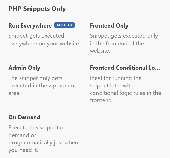 The PHP Snippets Only group in the location picker, listing Run Everywhere, Frontend Only, Admin Only, Frontend Conditional Logic, and On Demand with their descriptions
