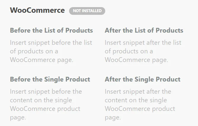 The WooCommerce group in the location picker carrying a Not Installed label, with its greyed-out product list and single product locations