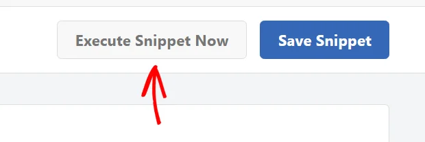 An arrow pointing at the Execute Snippet Now button in the snippet editor header, beside the Save Snippet button, with the Active toggle no longer shown