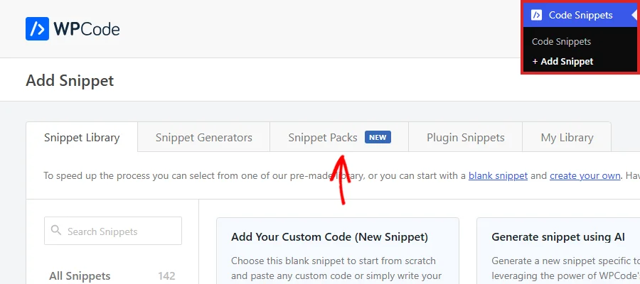 The Add Snippet screen opened from the Code Snippets menu, with an arrow pointing at the Snippet Packs tab