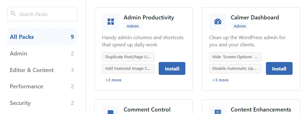 The Snippet Packs tab showing the Search Packs box, the All Packs, Admin, Editor and Content, Performance, and Security categories, and the Admin Productivity and Calmer Dashboard pack cards