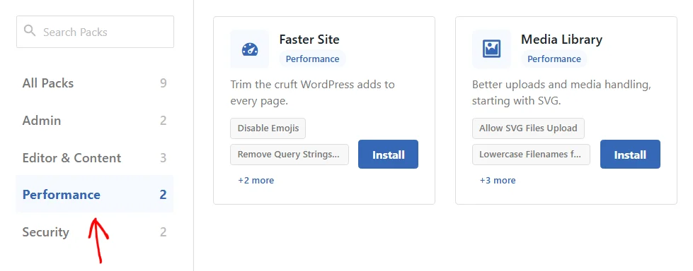 An arrow pointing at the Performance category, which shows the Faster Site and Media Library pack cards