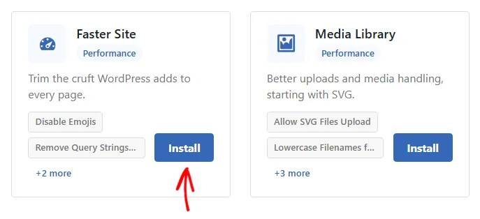 An arrow pointing at the Install button on the Faster Site pack card, beside the Media Library card