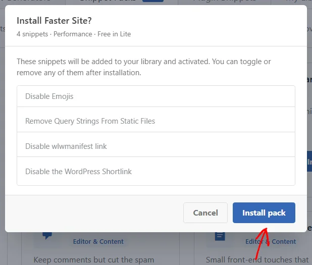 The Install Faster Site window listing 4 snippets, with an arrow pointing at the Install pack button