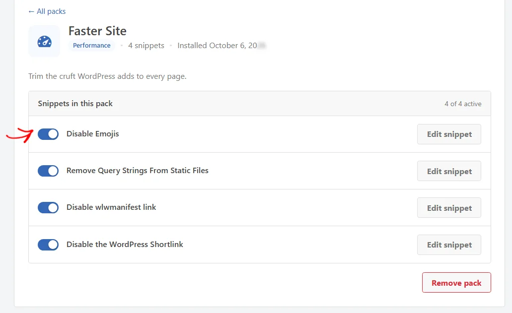 The Faster Site pack dashboard listing 4 snippets with their toggles switched on and an arrow pointing at the toggle for Disable Emojis