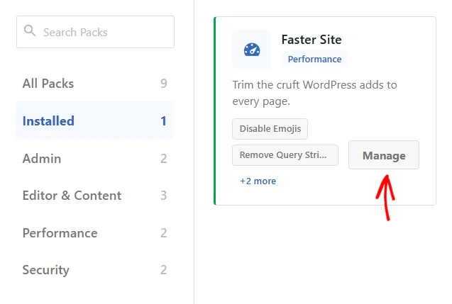 The Installed category selected in the Snippet Packs sidebar, with an arrow pointing at the Manage button on the Faster Site card