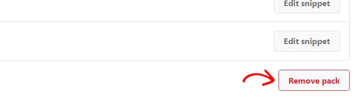 An arrow pointing at the Remove pack button below the list of snippets on the pack dashboard