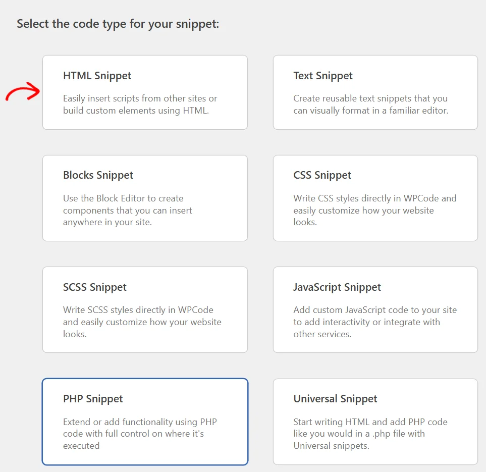 The WPCode code type picker showing all eight snippet type cards, with a red arrow pointing at the HTML Snippet card