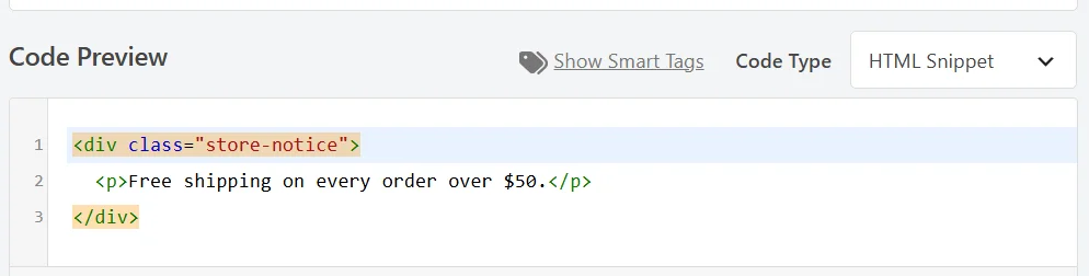 The Code Preview editor on an HTML snippet, showing highlighted HTML across three numbered lines with Code Type set to HTML Snippet