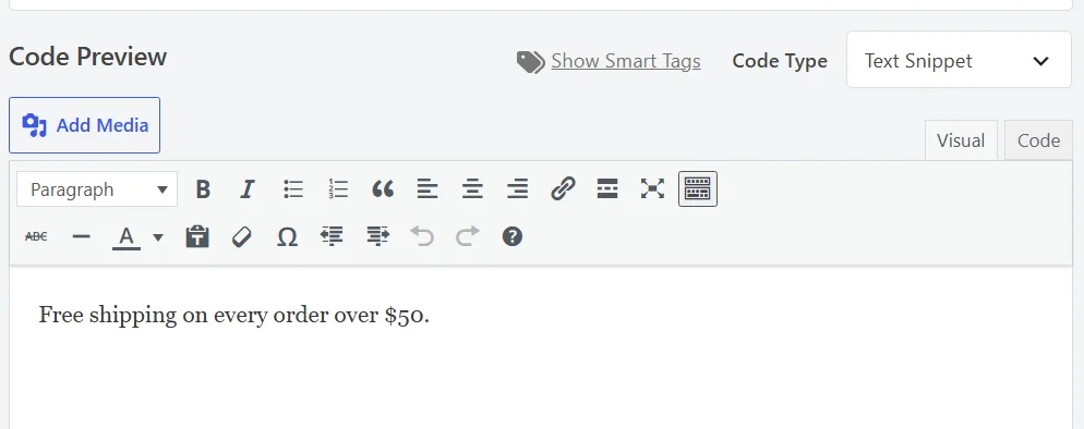 The Code Preview area on a Text snippet, showing the classic WordPress editor with its formatting toolbar, Add Media button, and Visual and Code tabs