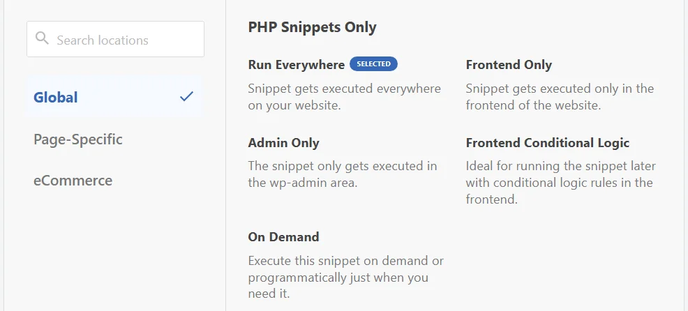 The location list on a PHP snippet, showing the PHP Snippets Only group with Run Everywhere selected and Frontend Only, Admin Only, Frontend Conditional Logic, and On Demand also available