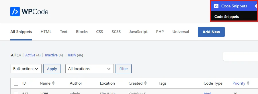 The WPCode Code Snippets list opened from the Code Snippets menu in the WordPress admin sidebar