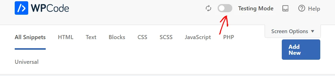The WPCode header bar with an arrow pointing at the Testing Mode toggle, switched off, next to Help